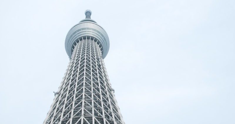 東京スカイツリーを見上げる