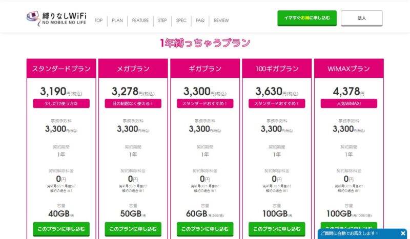 料金プラン │ 縛りなし WiFi' - shibarinashi-wifi1年