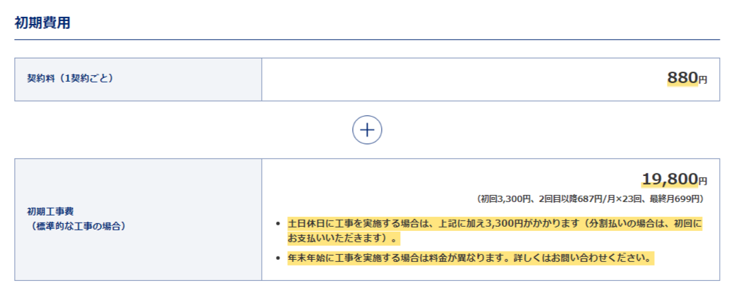 初期費用（NTT東日本）初期費用詳細